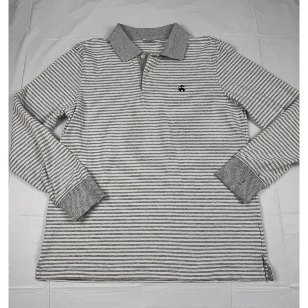 Brooks Brothers Men's Polo Slim Fit Long Sleeve Striped Grey White Medium Preppy